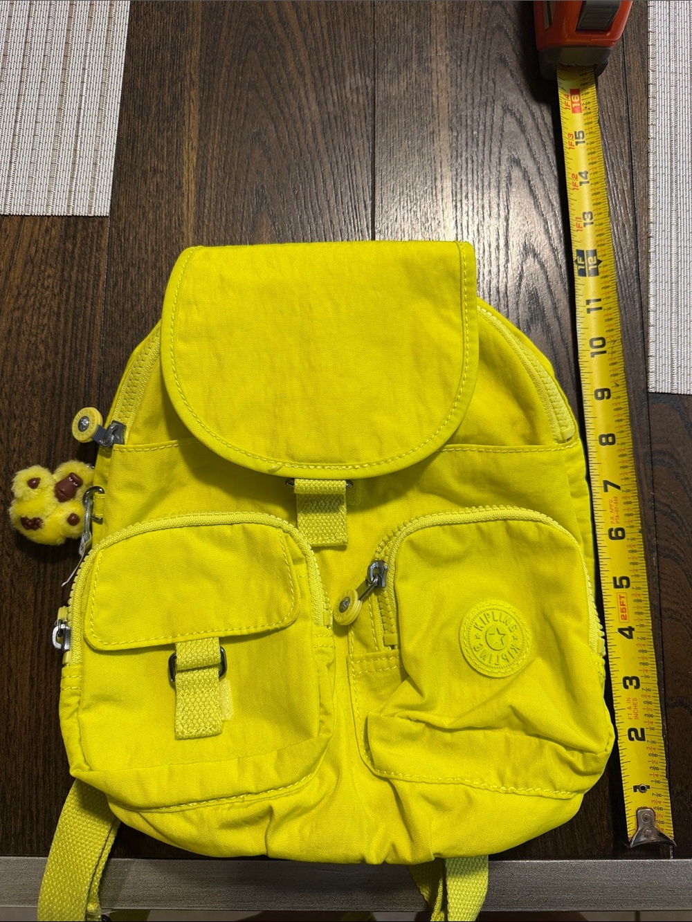 Kipling Yellow Nylon Mini Backpack with Front Pockets and Key Charm